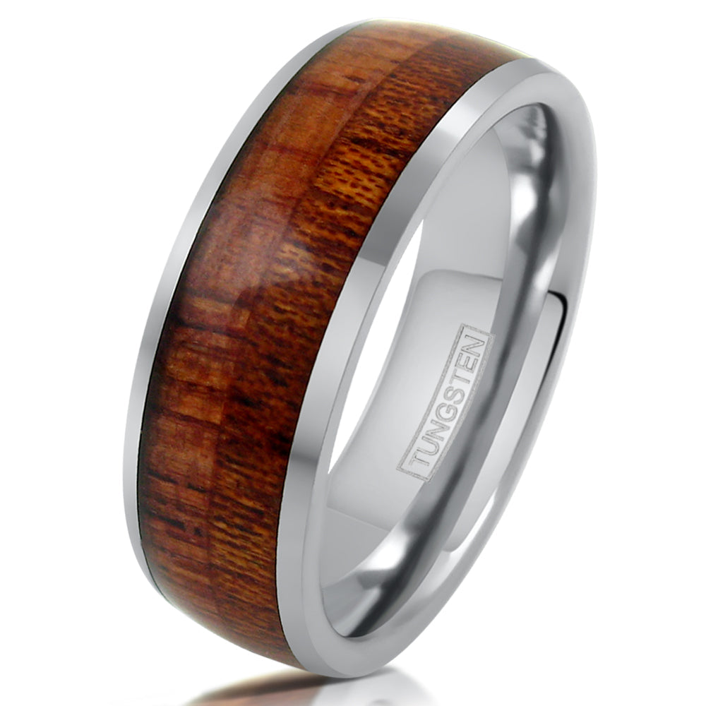 Brilliant Mirror-Polished Tungsten Ring with Natural Wood Inlay – Unisex Couple Ring