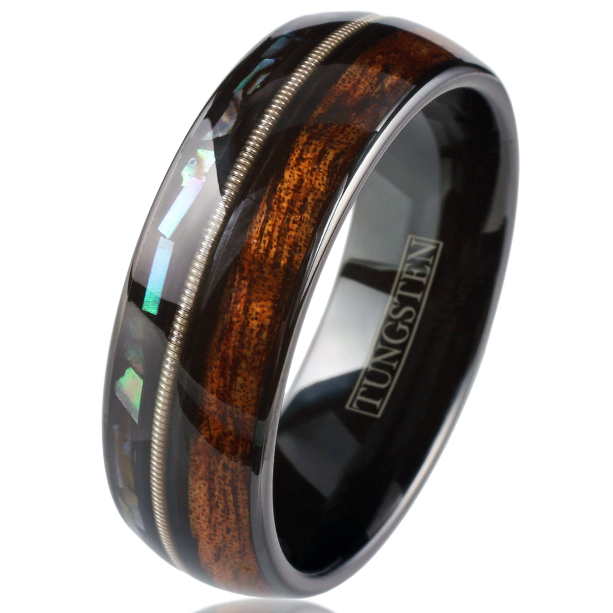 Black Tungsten + Guitar String + Abalone + Whiskey Barrel Oak Wood