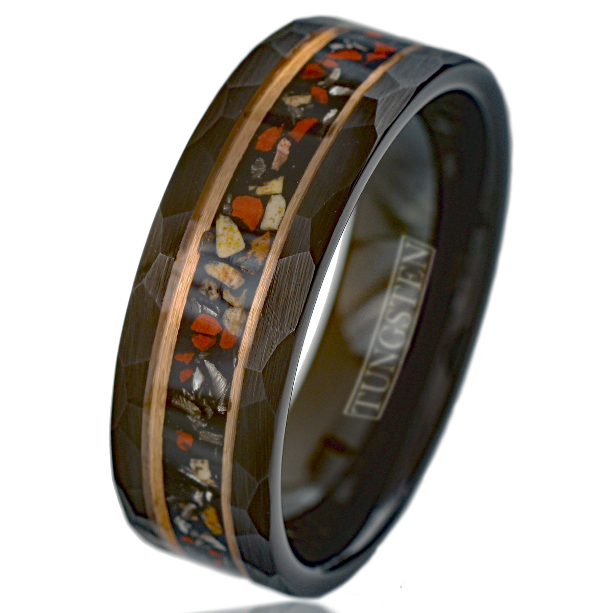 Black Tungsten + Crushed Faux Dinosaur Bone + Black Faux Meteorite + Rose Gold Stripes