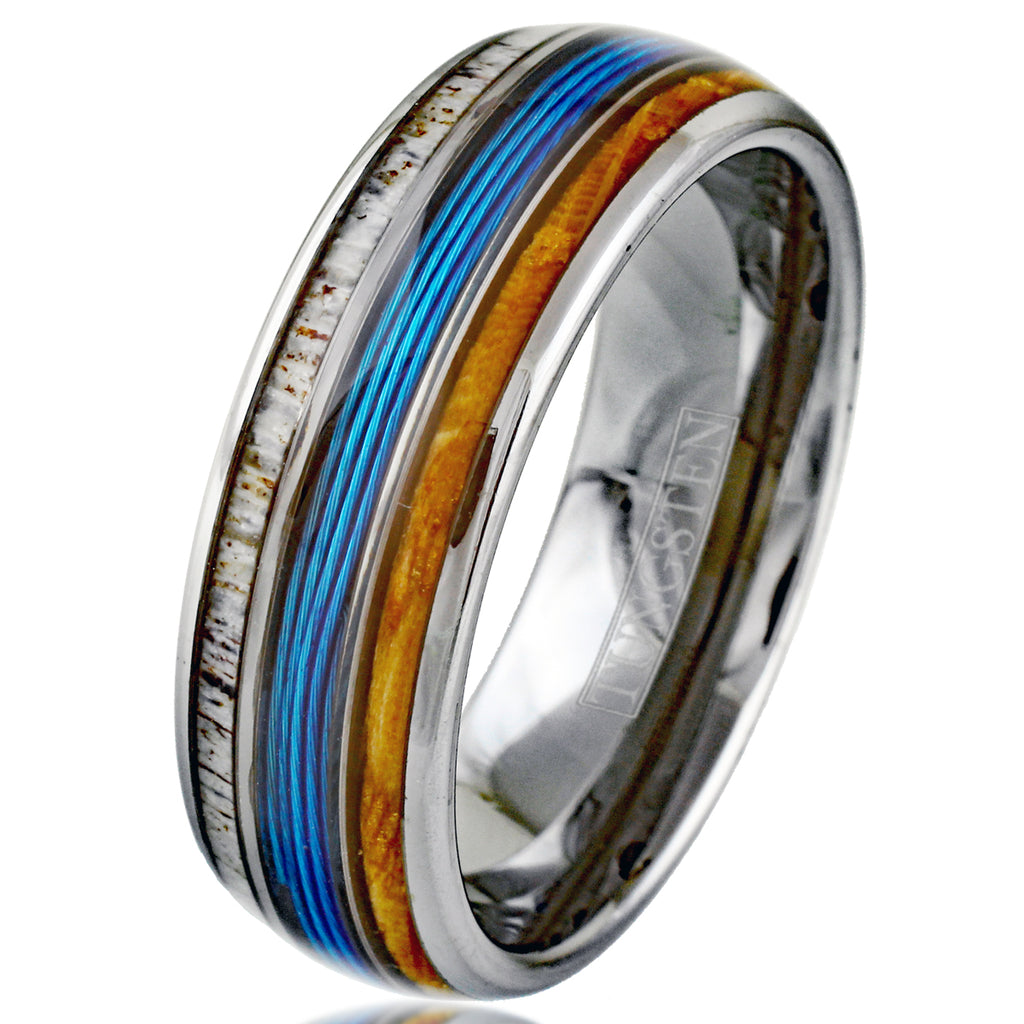 Silver Tungsten + Whiskey Barrel Oak Wood + Antler + Blue Fishing Line