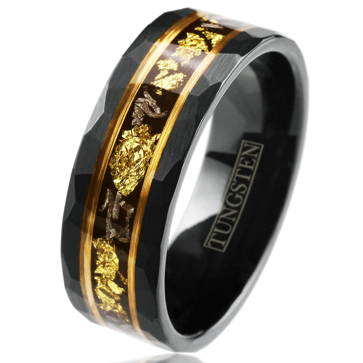 Black Tungsten + Gold Leaf + Black Faux Meteorite + Rose Gold Stripes