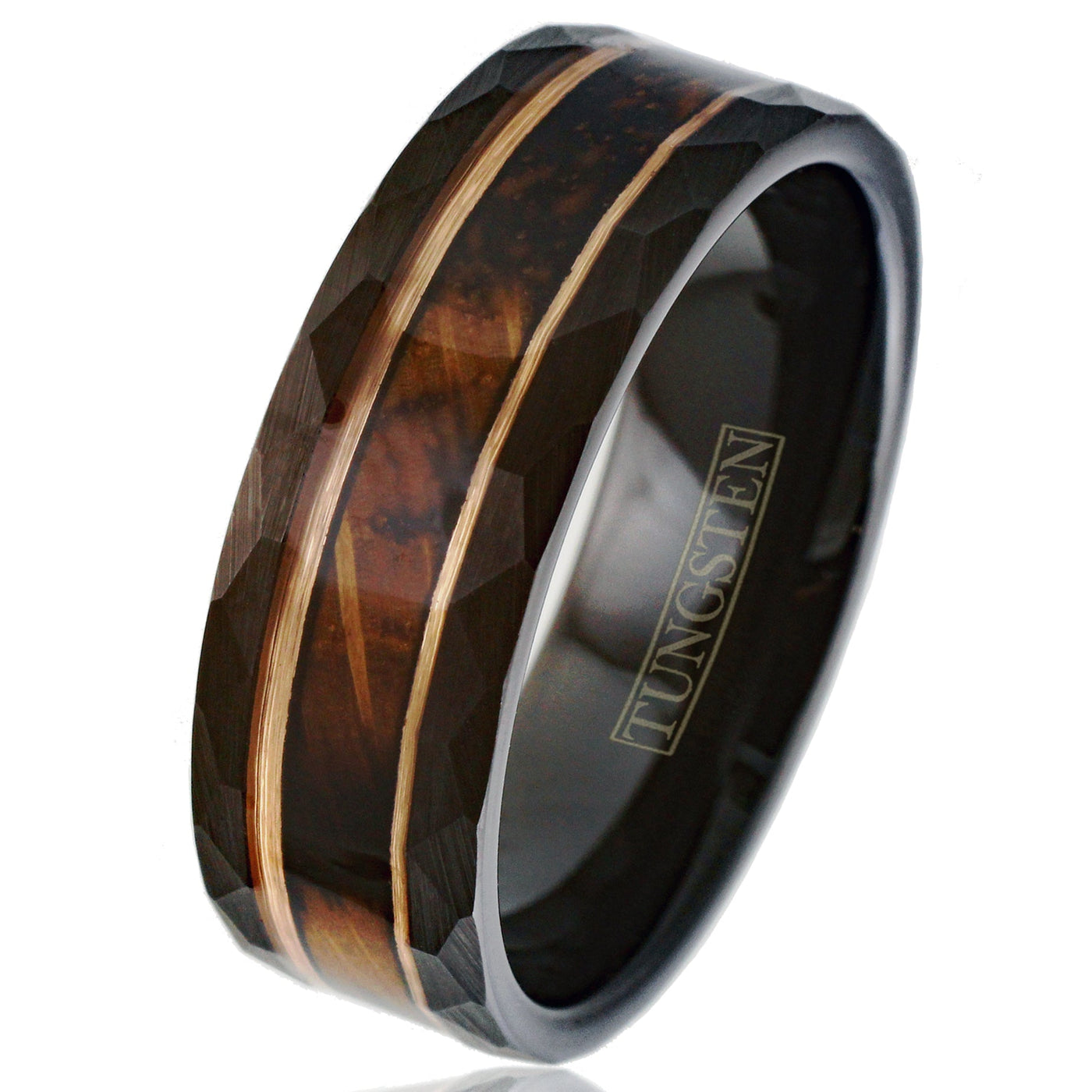 Black Tungsten + Charred Whiskey Barrel Oak Wood + Rose Gold Stripes