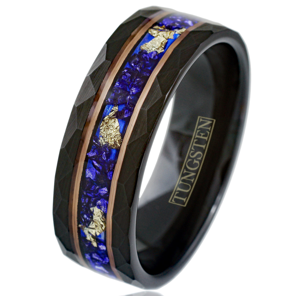 Black Tungsten + Gold Leaf + Faux Blue Sapphire + Rose Gold
