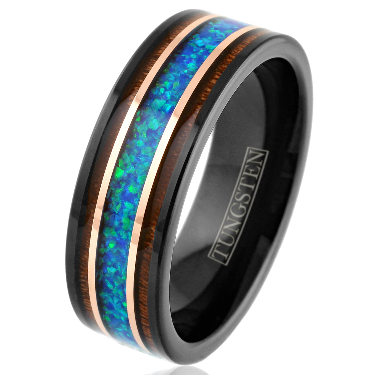 Black Tungsten + Hawaii Blue Opal + Rose Gold + Koa Wood