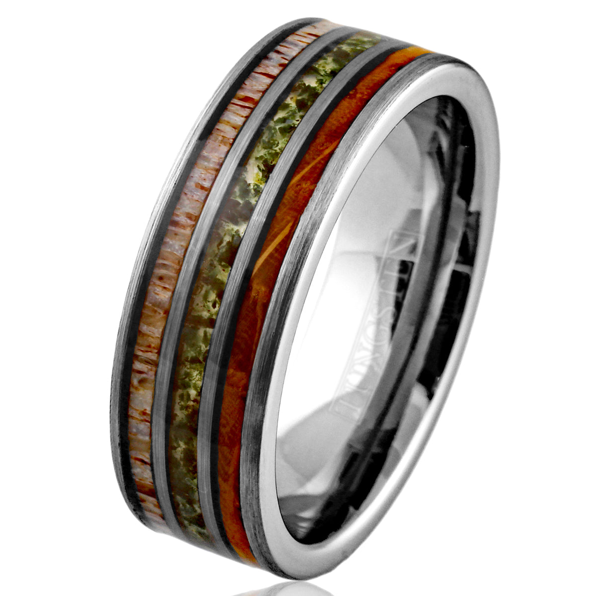 Silver Tungsten + Moss Agate + Whiskey Barrel Oak Wood + Antler