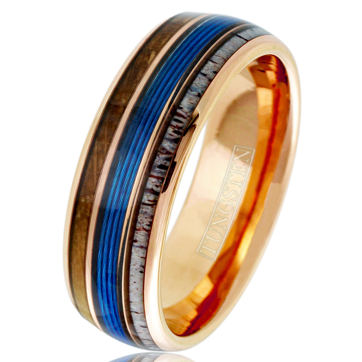 Rose Gold Tungsten + Whiskey Barrel Oak Wood+ Antler + Blue Fishing Line