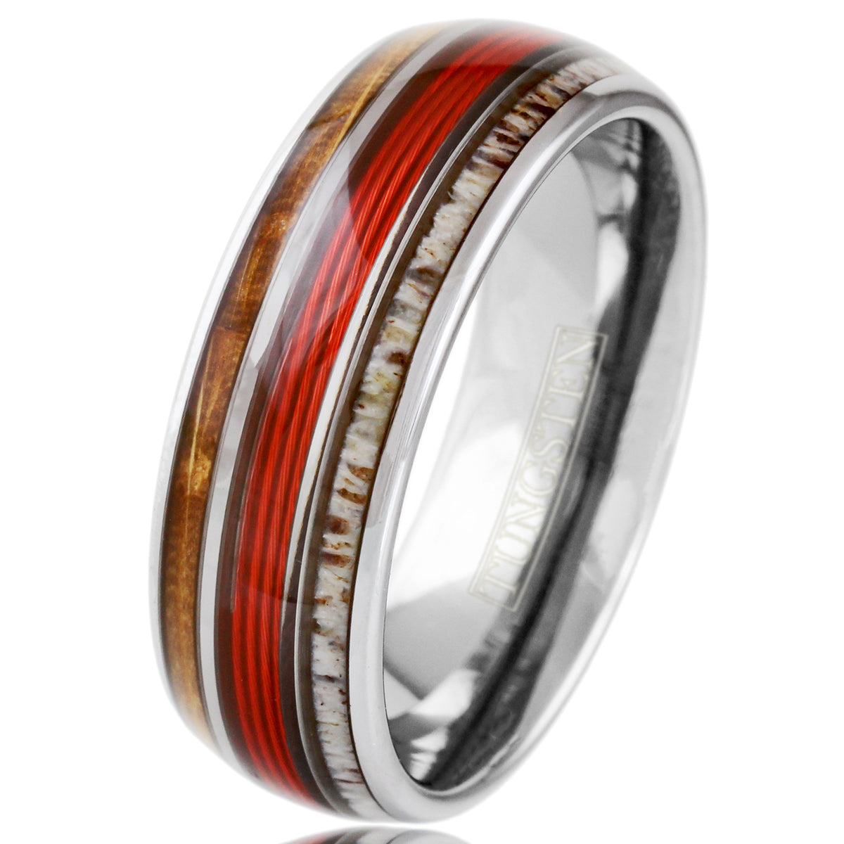 Silver Tungsten + Whiskey Barrel Oak Wood+  Antler + Red Fishing Line