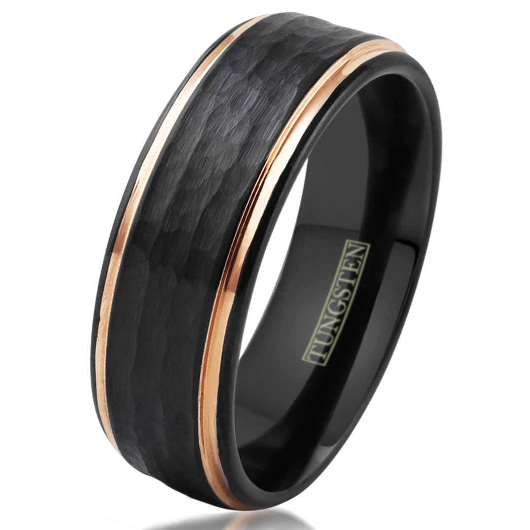 Black Tungsten + Hammered Finish + Rose Gold Edges