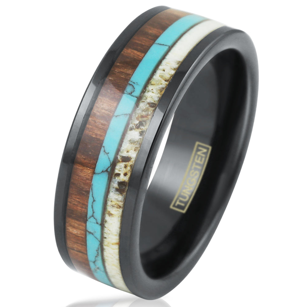 Black Tungsten + Koa Wood + Blue Turquoise +  Antler