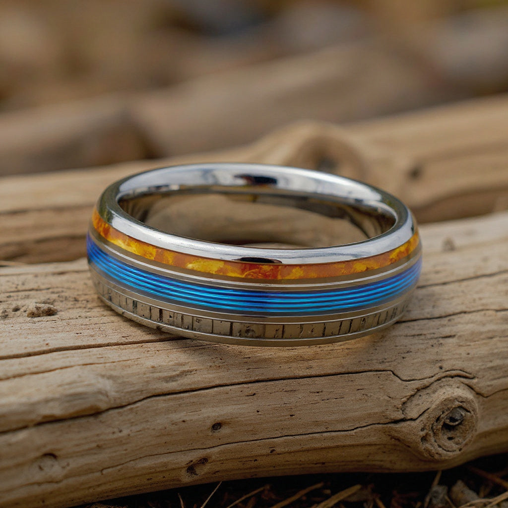 Silver Tungsten + Whiskey Barrel Oak Wood + Antler + Blue Fishing Line