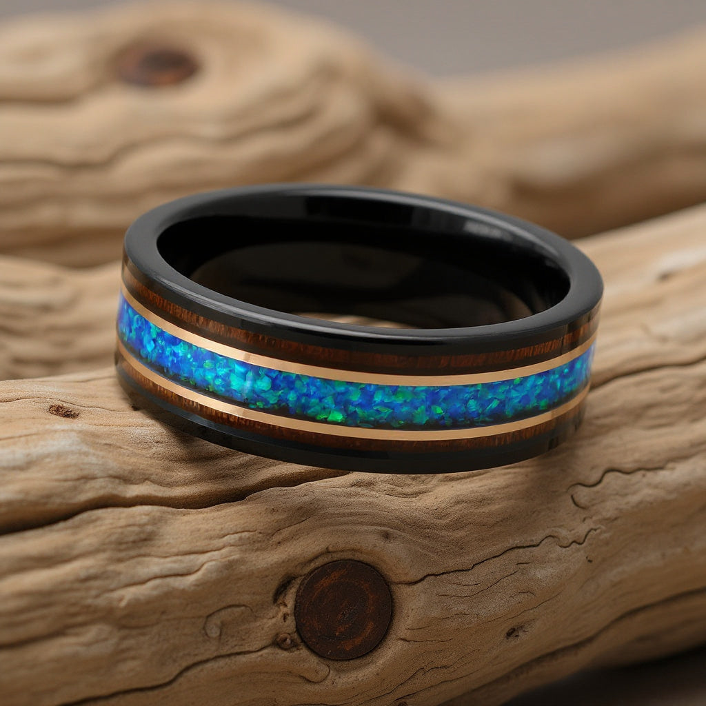 Black Tungsten + Hawaii Blue Opal + Rose Gold + Koa Wood