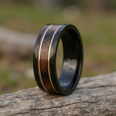 Black Tungsten + Charred Whiskey Barrel Oak Wood + Rose Gold Stripes