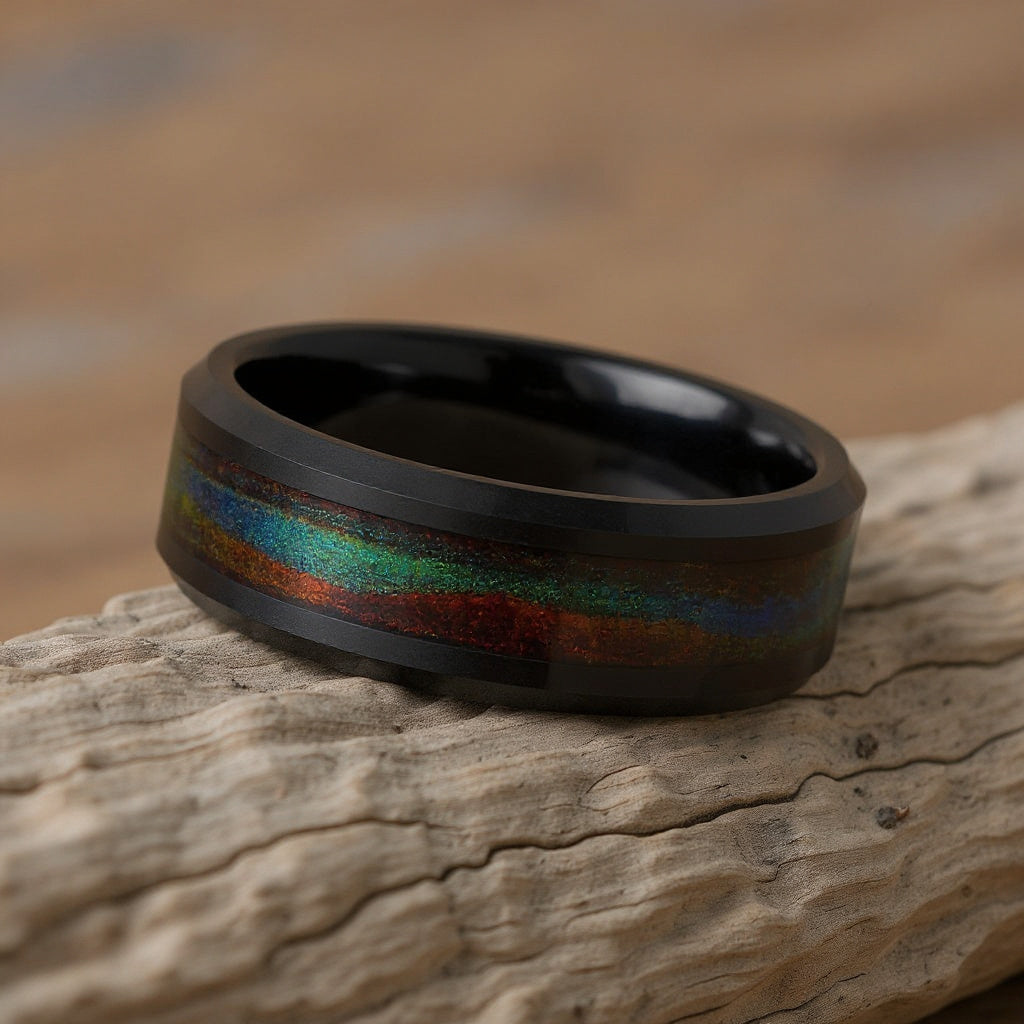 Black Tungsten + Green & Red Flowing Sand