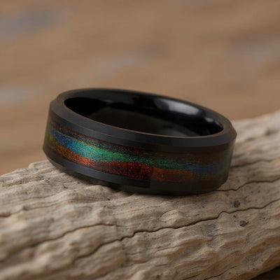Black Tungsten + Green & Red Flowing Sand