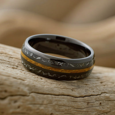 Black Tungsten + Whiskey Barrel Oak Wood + Meteorite