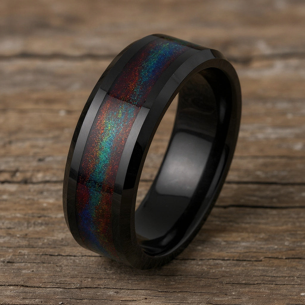 Black Tungsten + Green & Red Flowing Sand