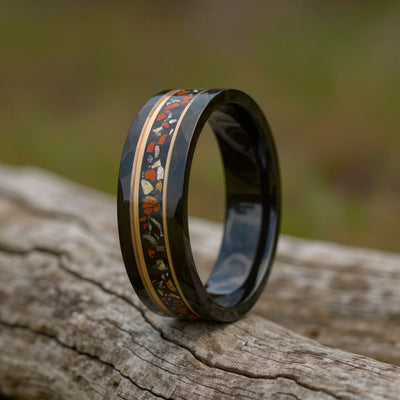Black Tungsten + Dinosaur Bone + Meteorite + Rose Gold Stripes