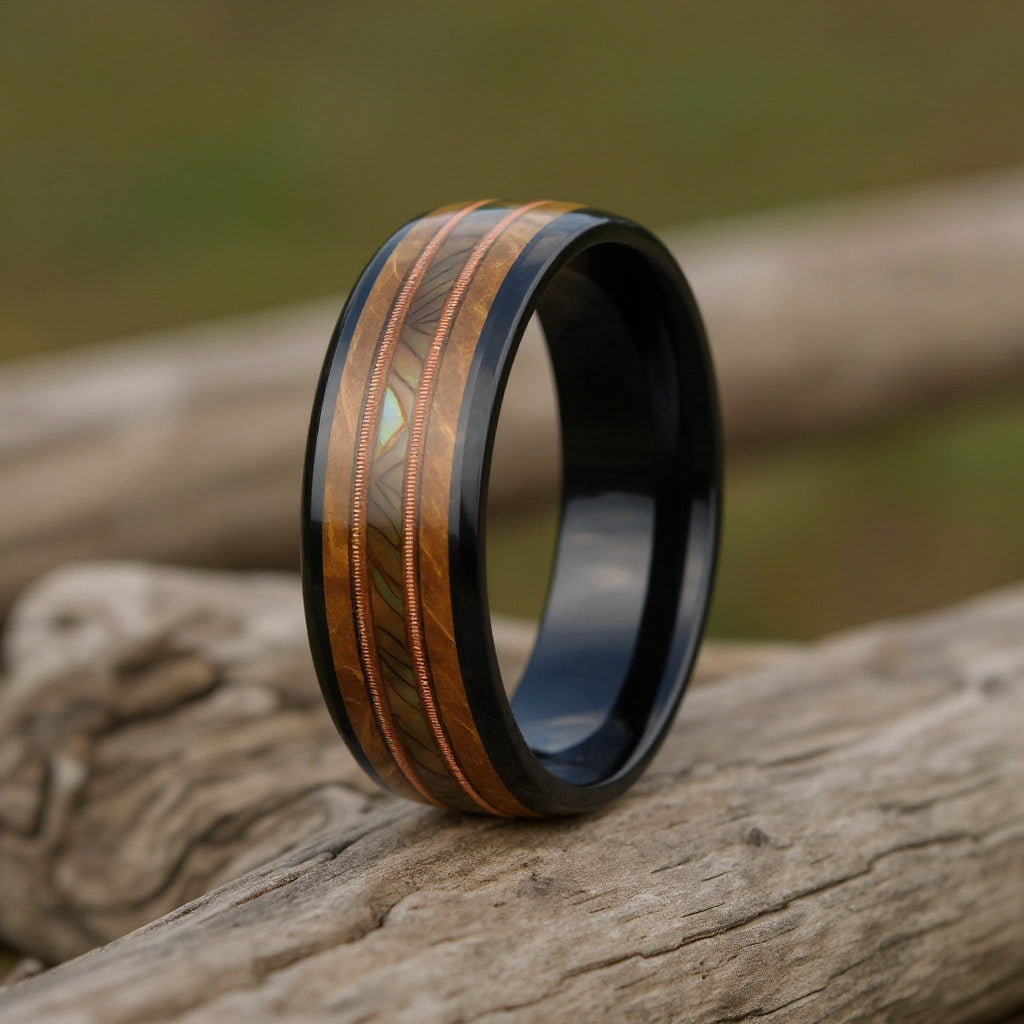 Black Tungsten + Abalone + Guitar String + Whiskey Barrel Oak Wood