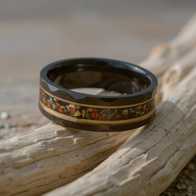 Black Tungsten + Dinosaur Bone + Meteorite + Rose Gold Stripes