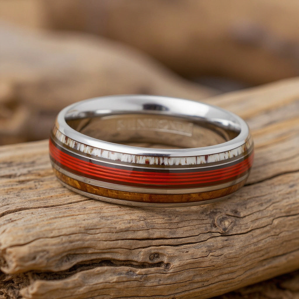Silver Tungsten + Whiskey Barrel Oak Wood+  Antler + Red Fishing Line