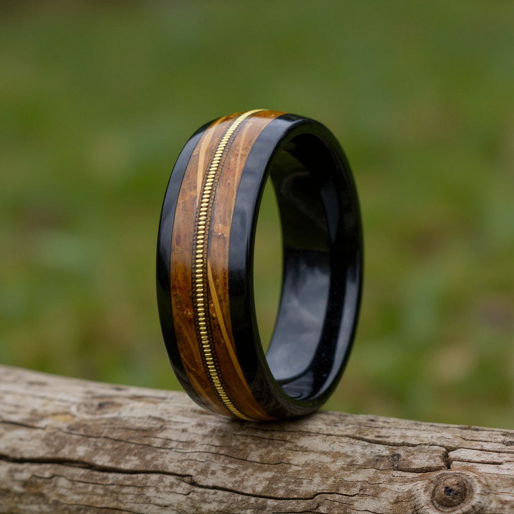 Black Tungsten + Guitar String + Whiskey Barrel Oak Wood