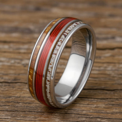 Silver Tungsten + Whiskey Barrel Oak Wood+  Antler + Red Fishing Line