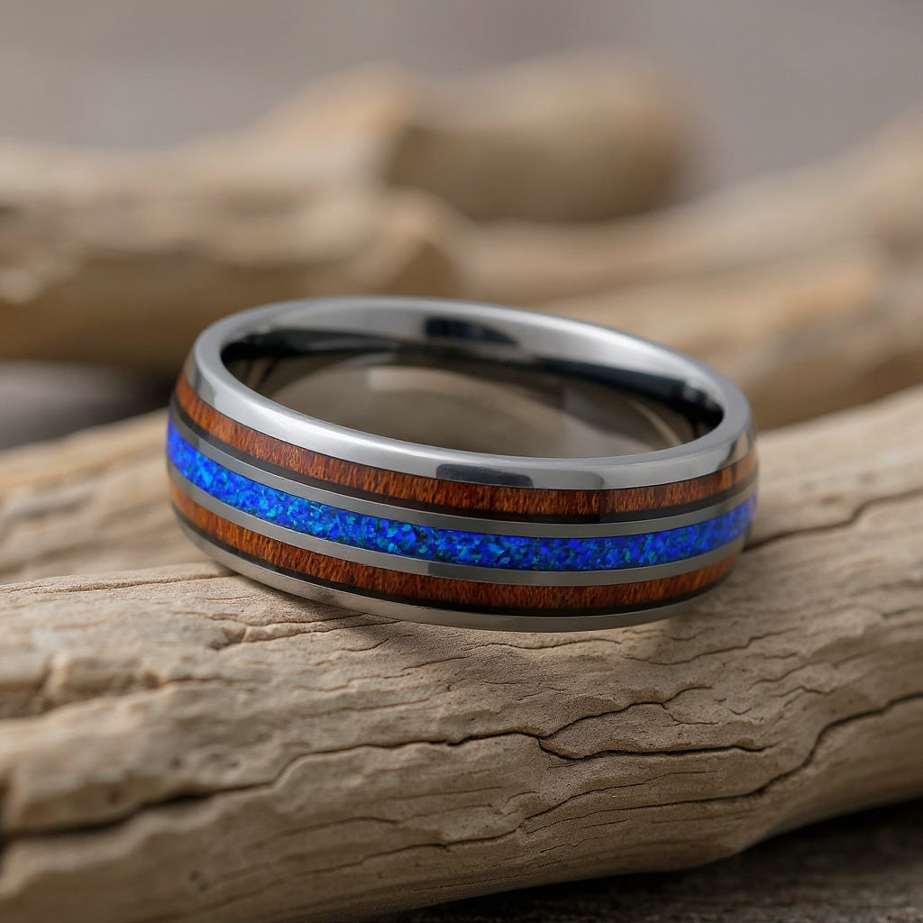 Gunmetal Tungsten + Blue Opal + Koa Wood