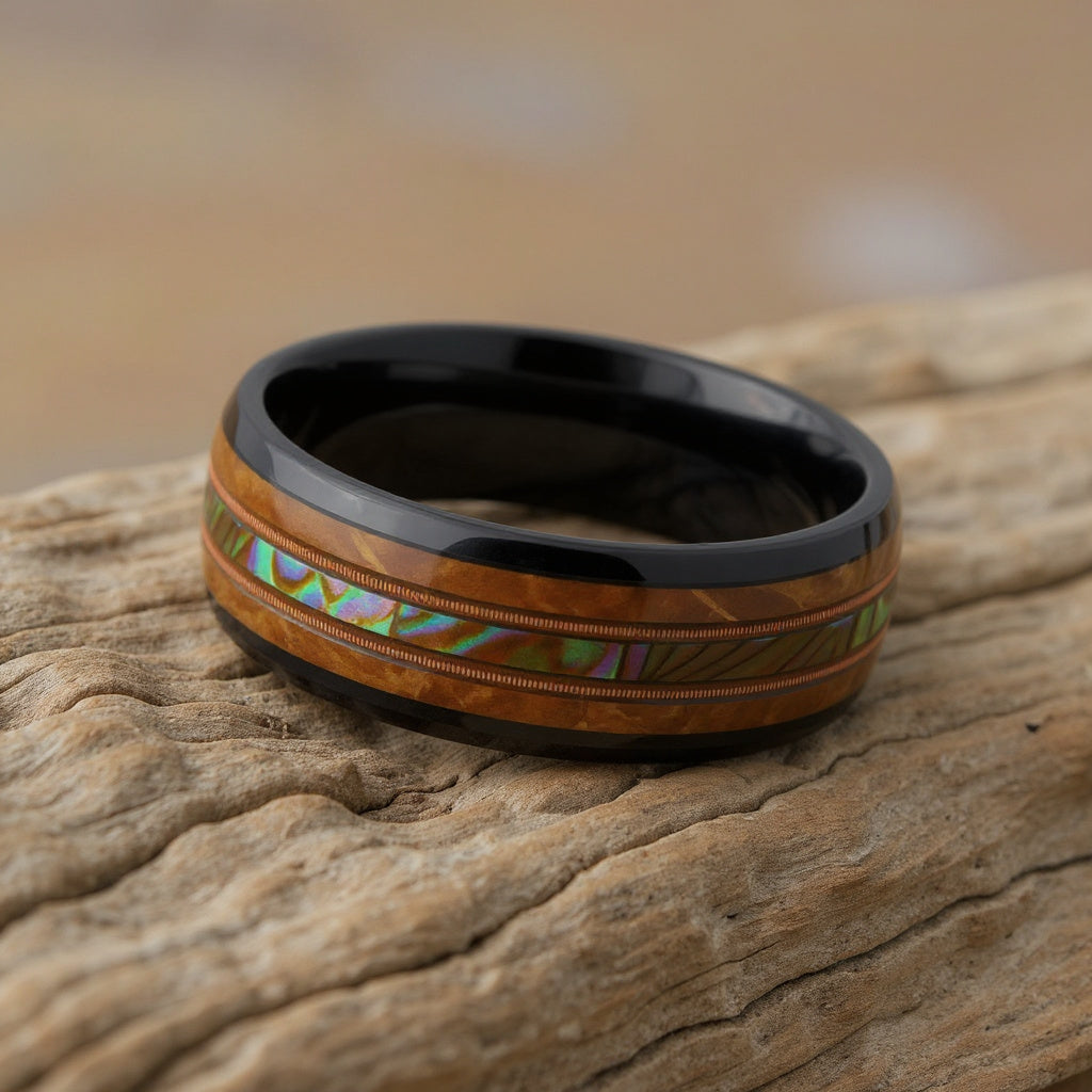 Black Tungsten + Abalone + Guitar String + Whiskey Barrel Oak Wood