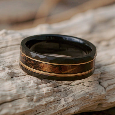 Black Tungsten + Charred Whiskey Barrel Oak Wood + Rose Gold Stripes
