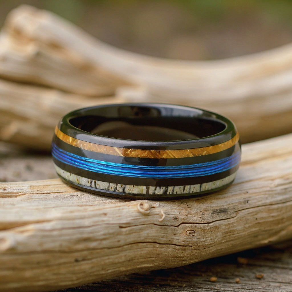 Black Tungsten + Whiskey Barrel Oak Wood+ Antler + Blue Fishing Line