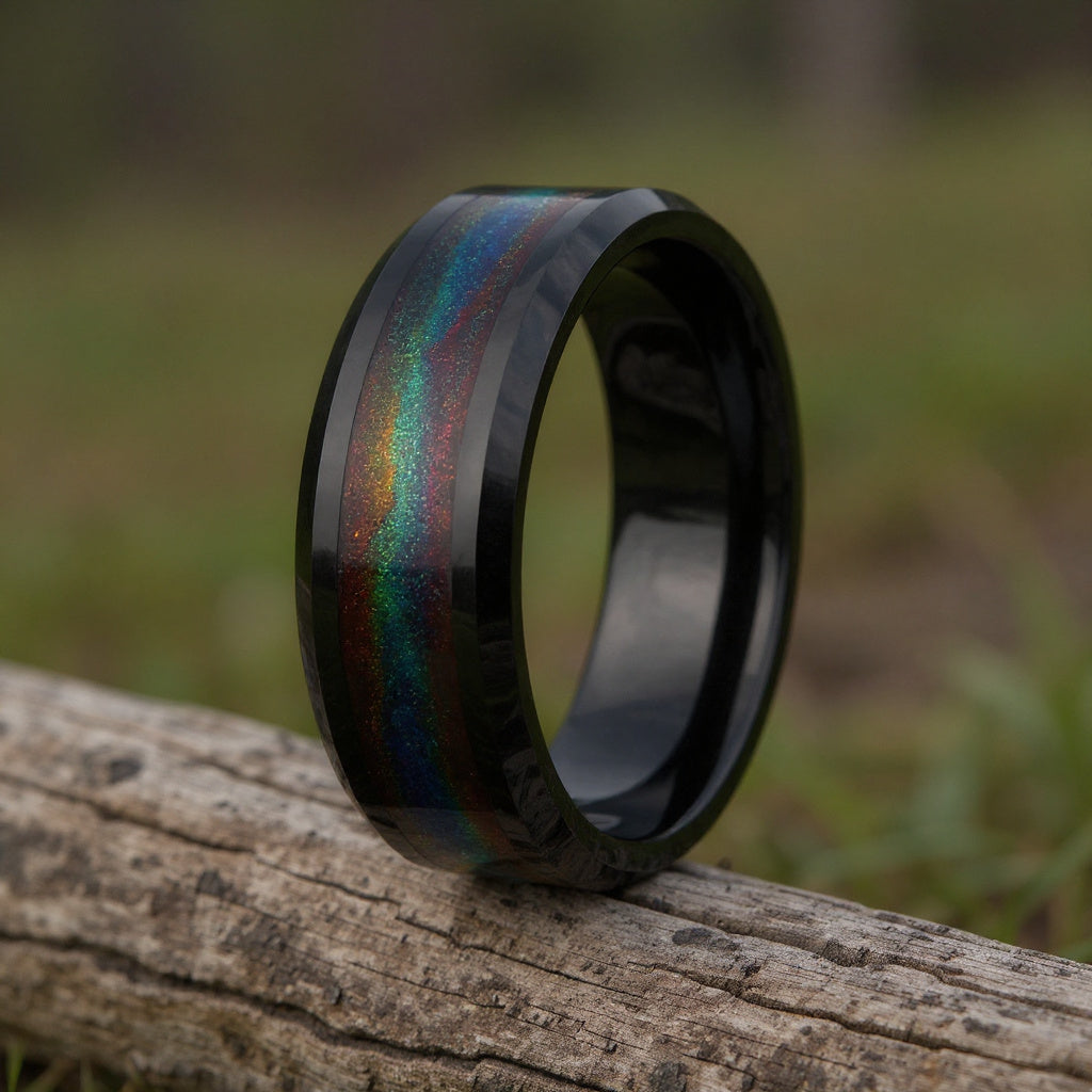 Black Tungsten + Green & Red Flowing Sand