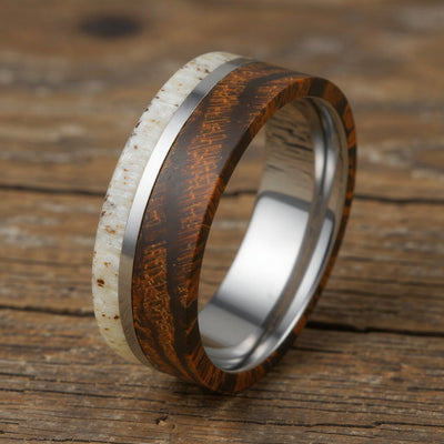 Silver Tungsten +  Antler + Bocote Wood + Silver Stripe