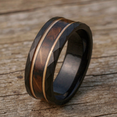 Black Tungsten + Charred Whiskey Barrel Oak Wood + Rose Gold Stripes