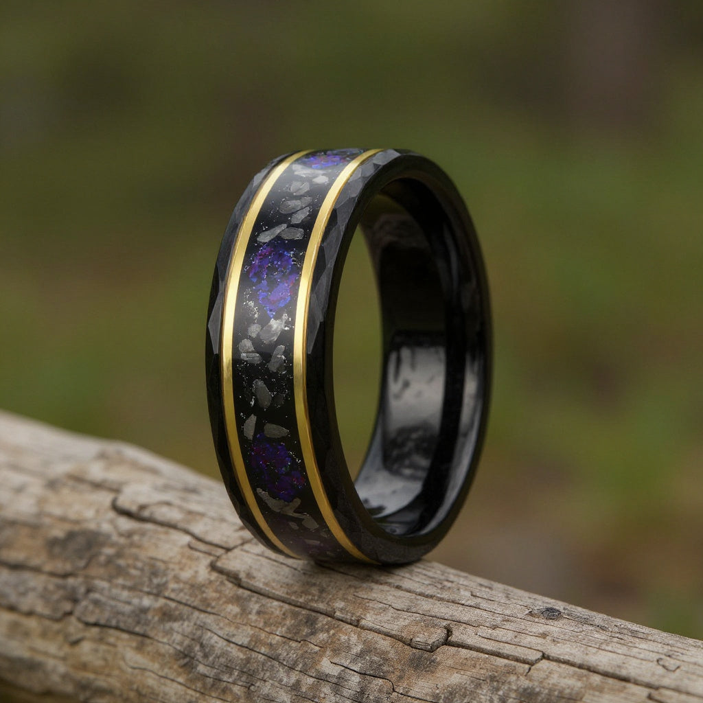 Black Tungsten + Meteorite + Purple Galaxy Dust + Yellow Gold Stripes