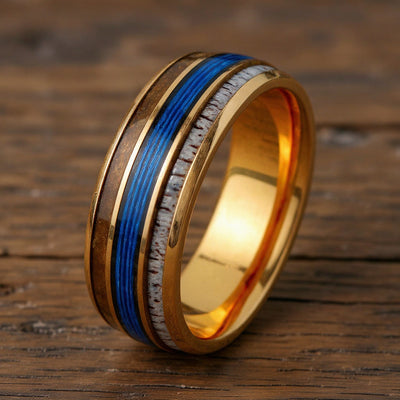 Rose Gold Tungsten + Whiskey Barrel Oak Wood+ Antler + Blue Fishing Line