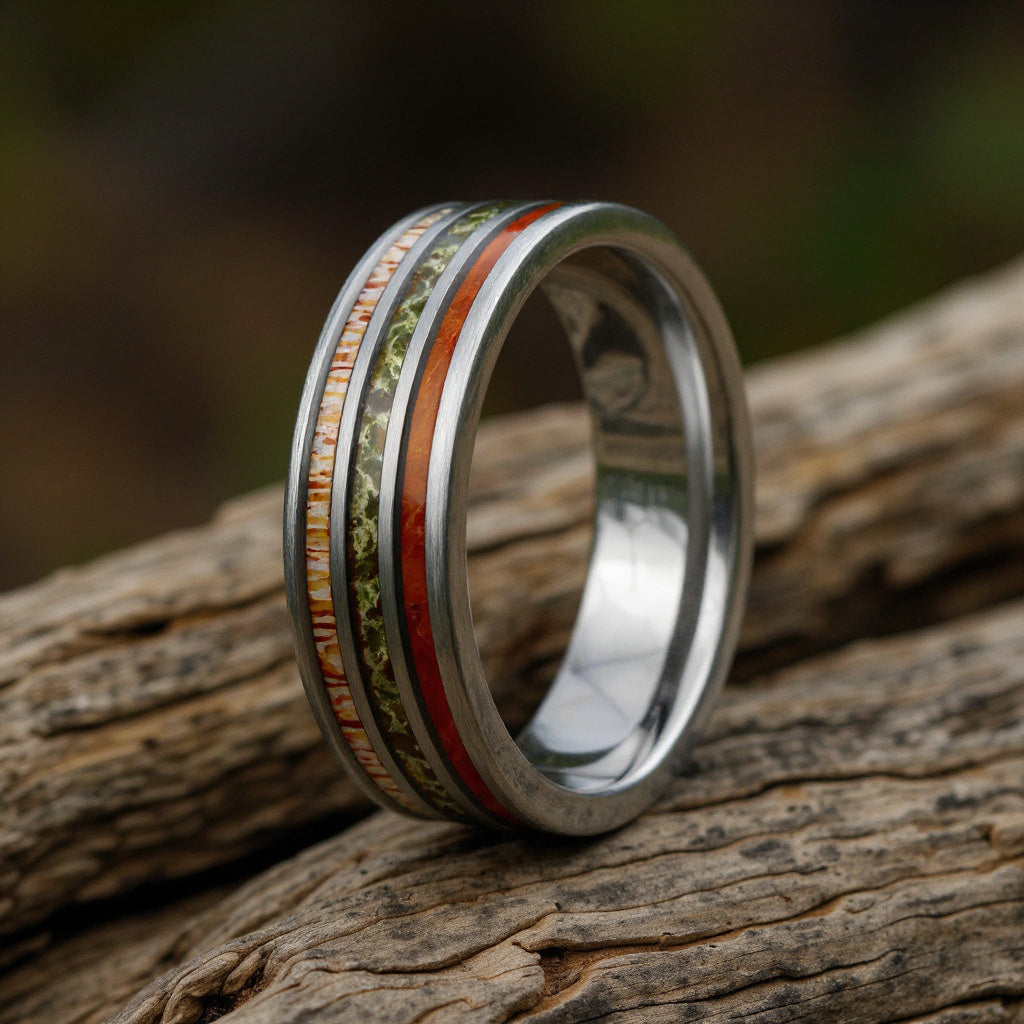 Silver Tungsten + Moss Agate + Whiskey Barrel Oak Wood + Antler