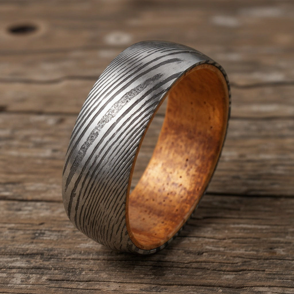 Damascus Steel + Wood Grain + Whiskey Barrel Oak Wood