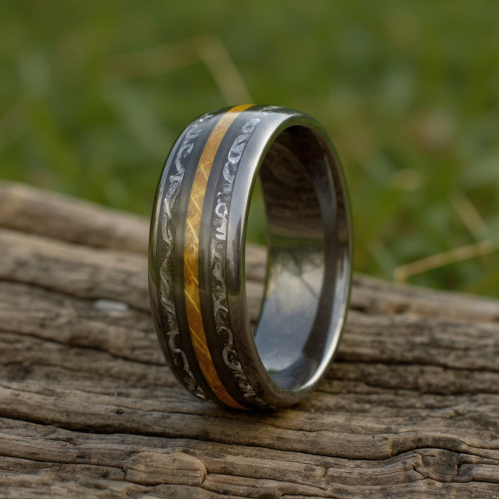 Black Tungsten + Whiskey Barrel Oak Wood + Meteorite