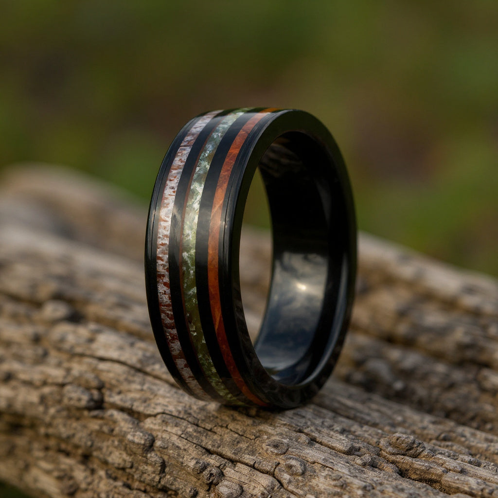 Black Tungsten + Moss Agate + Whiskey Barrel + Antler