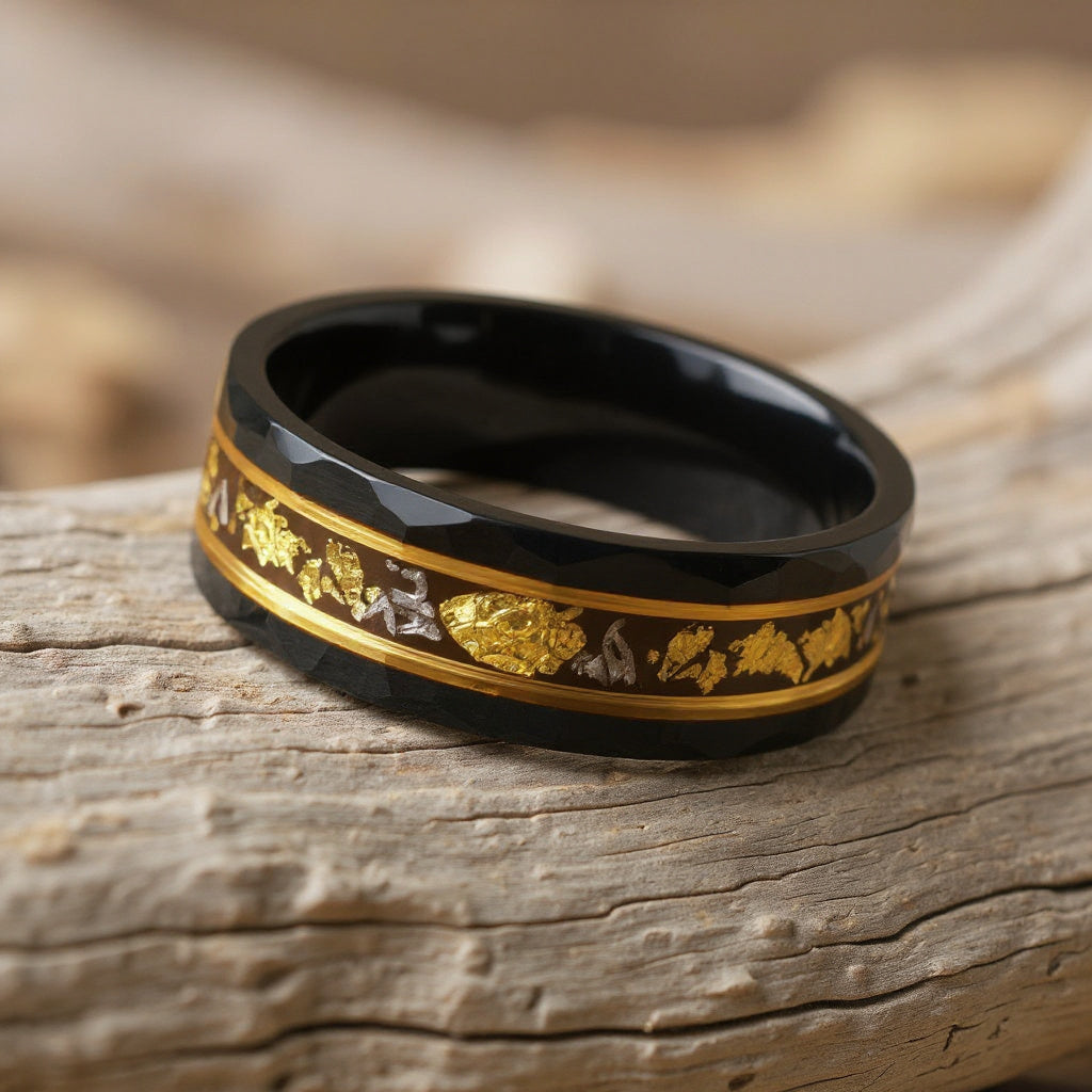 Black Tungsten + Gold Leaf + Black Faux Meteorite + Rose Gold Stripes