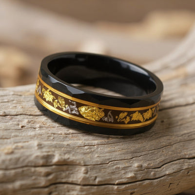 Black Tungsten + Gold Leaf + Meteorite + Rose Gold Stripes