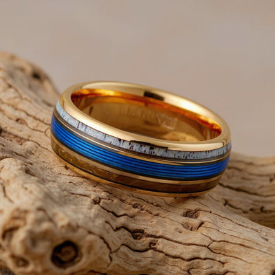 Rose Gold Tungsten + Whiskey Barrel Oak Wood+ Antler + Blue Fishing Line