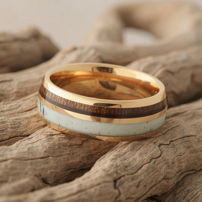 Rose Gold Tungsten + Antler + Koa Wood