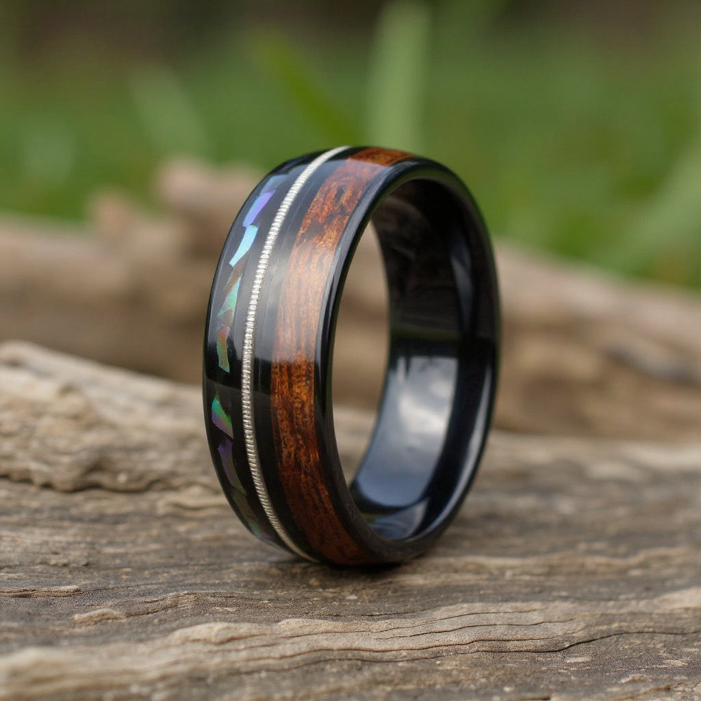 Black Tungsten + Guitar String + Abalone + Whiskey Barrel Oak Wood
