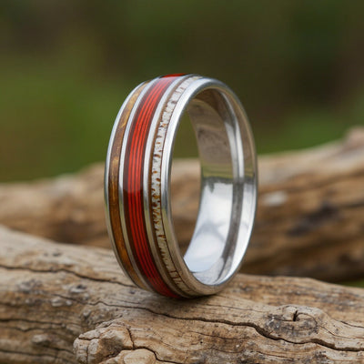 Silver Tungsten + Whiskey Barrel Oak Wood+  Antler + Red Fishing Line