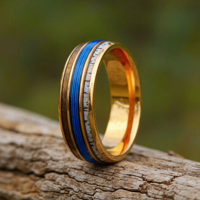 Rose Gold Tungsten + Whiskey Barrel Oak Wood+ Antler + Blue Fishing Line