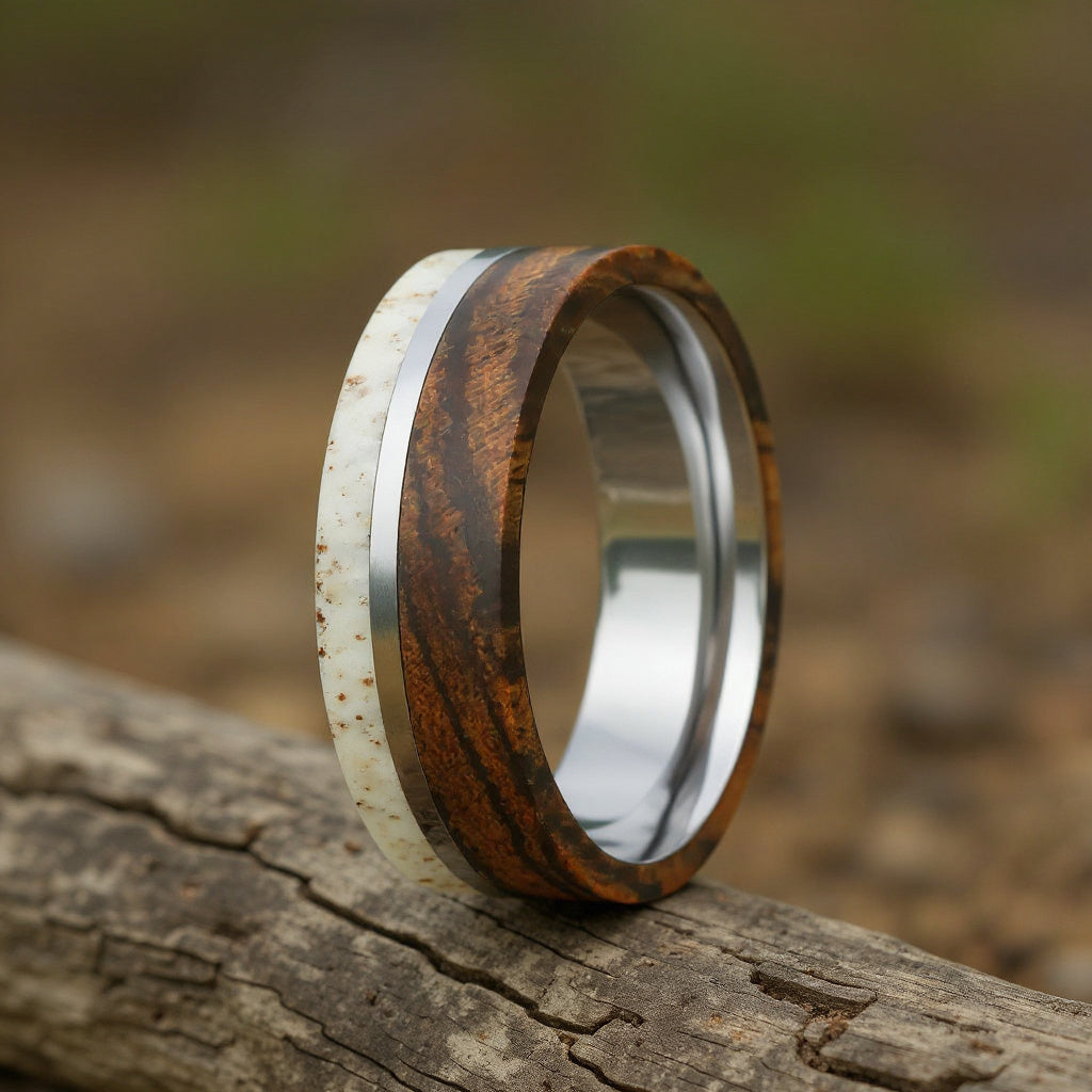 Silver Tungsten +  Antler + Bocote Wood + Silver Stripe