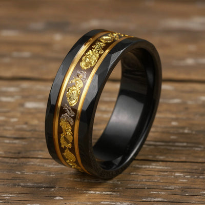 Black Tungsten + Gold Leaf + Meteorite + Rose Gold Stripes