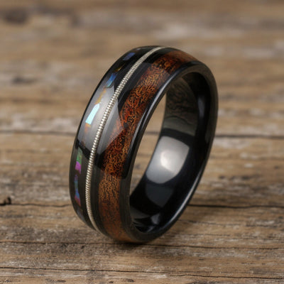 Black Tungsten + Guitar String + Abalone + Whiskey Barrel Oak Wood