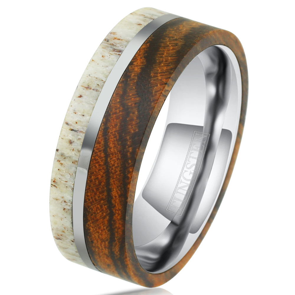 Silver Tungsten +  Antler + Bocote Wood + Silver Stripe